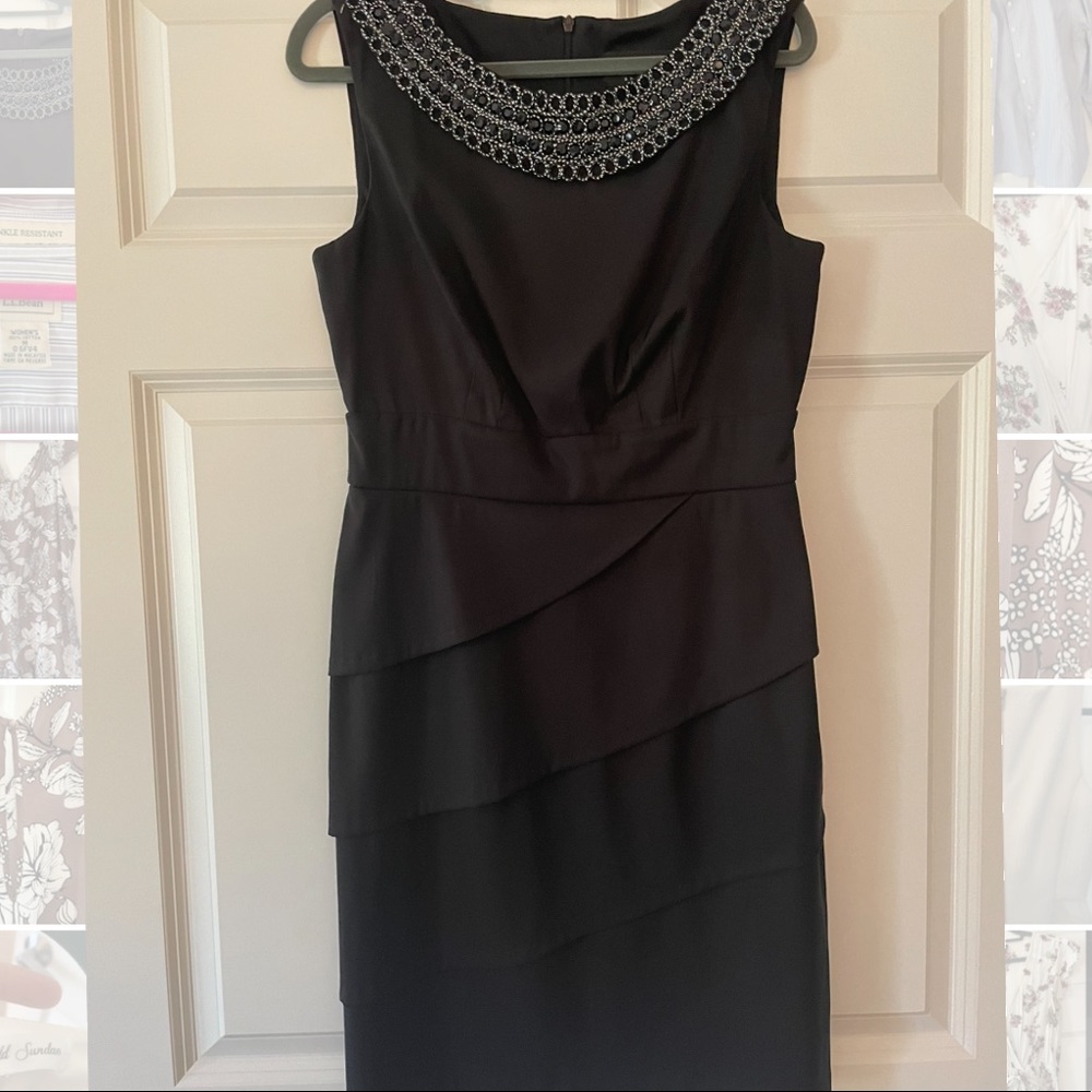 Formal black dress with layered skirt and embellished collar